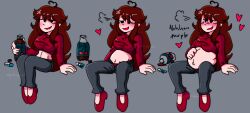 belly belly_expansion blush brown_hair burping coke_and_mentos faker_gf_(friday_night_funkin) female friday_night_funkin girlfriend_(friday_night_funkin) grilledpook heart inflation red_panties red_shirt rubbing_belly sitting soda