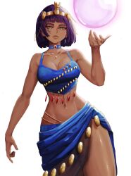 1girls 2d bare_midriff big_breasts bob_cut capcom choker dark-skinned_female dark_skin egyptian egyptian_clothes egyptian_headdress female female_only fully_clothed grey_eyes looking_at_viewer menat purple_hair shiny_thighs solo street_fighter street_fighter_v tefduck thick_thighs