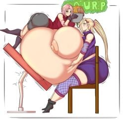 2girls alternate_breast_size belly big_belly big_breasts bloated bloated_belly breasts burp burping dragonicxs feederism feeding female female_only food gofenix huge_belly huge_breasts ino_yamanaka multiple_girls naruto naruto_(series) nipples obese sakura_haruno stuffed stuffed_belly stuffing