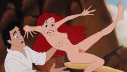 ariel black_hair blue_eyes breasts breasts_out champelli clitoris clothed_female_nude_male disney disney_prince disney_princess edit falling naked nipples nude nude_female outside pink_nipples prince_eric princess_ariel pubic_hair pussy red_hair red_pubic_hair screenshot_edit spread_legs teenager the_little_mermaid visible_pussy