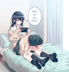 2girls 40hara black_hair expressionless female_only head_under_skirt implied_cunnilingus indifferent lesbian light-skinned_female nintendo nintendo_switch original original_character unamused yuri