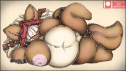 anthro belly big_belly big_breasts blush bodily_fluids breasts brown_body brown_fur clothing curvy_figure digital_media_(artwork) female fur genitals hair lagomorph leporid made_in_abyss mammal nanachi narehate neo_geppetto nipples nude open_mouth overweight overweight_female pussy rabbit simple_background slightly_chubby smile solo text thick_thighs white_hair wide_hips yellow_eyes young