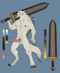 2022 absurd_res anthro balls black_nipples blue_background blue_eyes canid canine canis claws digitigrade elden_ring erection finger_claws fromsoftware fur genitals greatsword hair hi_res holding_object holding_sword holding_weapon humanoid_genitalia humanoid_penis male male_focus male_only male_solo maliketh_the_black_blade mammal melee_weapon model_sheet multi_nipple neverneverland nipples nude paws penis simple_background smile smirk solo solo_male standing sword toe_claws video_games weapon white_body white_fur white_hair wolf