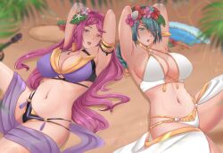 2girls alternate_costume armpits arms_behind_head bare_thighs beach bikini black_bikini black_swimsuit braid braided_ponytail cleavage fan female female_only fire_emblem fire_emblem_heroes flower green_eyes green_hair hair_flower instrument large_breasts lips loki_(fire_emblem) loki_(summer)_(fire_emblem) long_hair looking_at_viewer medium_hair multiple_girls nintendo official_alternate_costume open_mouth outdoors ponytail purple_bikini purple_eyes purple_hair purple_swimsuit rinku_bny sarong sideboob smile swimsuit thick_thighs thighs thorr_(fire_emblem) thorr_(summer)_(fire_emblem) ukelele very_long_hair violet_eyes violet_hair white_bikini white_swimsuit