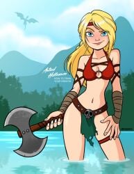 1girls arms armwear astrid_hofferson axe background background_character bandage bandaged_arm bandages barbarian bikini bikini_bottom bikini_top blonde_hair blue_eyes bottomless_loincloth breasts cleavage clothing color curvaceous curvy curvy_body curvy_female curvy_figure darthguyford dragon dreamworks exposed_shoulders exposed_stomach exposed_thighs female female_only fit fit_female hairband hourglass_figure how_to_train_your_dragon human lake legs light-skinned_female light_skin loincloth long_hair outdoor outside partially_clothed partially_clothed_female red_bikini revealing_clothes revealing_swimsuit seductive seductive_eyes seductive_look seductive_smile smile smiling smiling_at_viewer solo solo_female standing standing_in_water text thighs voluptuous voluptuous_female water weapon