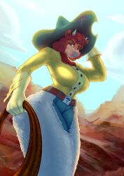 5_fingers alipse anthro belt bovid bovine breasts caprine clothed clothing cowboy_hat cowgirl_outfit cuphead_(game) esther_winchester female fingers green_eyes hat headgear headwear hi_res kerchief lasso mammal red_kerchief solo video_games