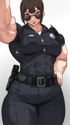 biceps big_breasts breasts cleavage female hand_on_hip looking_at_viewer looking_over_eyewear looking_over_glasses looking_over_sunglasses musctonk muscular muscular_arms muscular_female original police police_uniform policewoman pov pov_eye_contact ripped_clothing short_hair sunglasses tinted_eyewear undersized_clothes