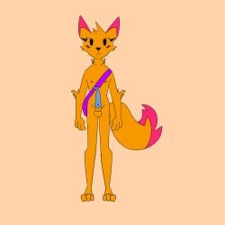 absurd_res animal_genitalia anthro bag balls canid canine clothing deepfur fox fur fur_tuft genitals girly hi_res knot male mammal nipples orange_body orange_fur penis pink_body pink_fur purple_clothing solo tuft