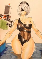 1girls android blindfold clothing drone female female_only nier:_automata octavius_dp pod_(nier) robot robot_girl solo swimsuit thick_thighs water white_hair wide_hips yorha_2b