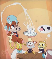 anthro bovine confused cowgirl cuphead cuphead:_the_delicious_last_course cuphead_(game) esther_winchester female furry handwear male milk_bottle milking milking_breasts ms._chalice mugman question_mark shocked thought_bubble toongrowner