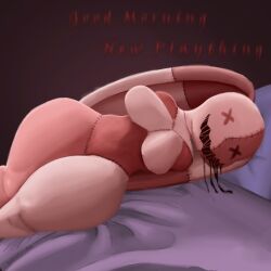 animal_humanoid anthro armless bed bedding bodily_fluids coffeewithdicks dialogue drooling english_text female furniture hi_res humanoid lagomorph lagomorph_humanoid leporid leporid_humanoid looking_at_viewer lying mammal mammal_humanoid multicolored_body no_pupils on_side open_mouth plushie rabbit rabbit_humanoid saliva seam_(sewing) sewn_mouth solo stitch_(sewing) talking_to_viewer text wide_hips x_eyes