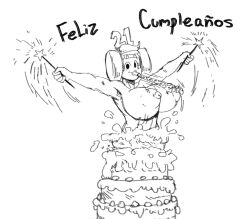 big_breasts birthday birthday_cake birthday_party black_and_white cake happy_birthday huge_breasts noseless olozva party sketch spanish spanish_text surprise text