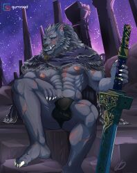 anthro balls blaidd_(elden_ring) bulge canid canine canis claws clothed clothing elden_ring fromsoftware genitals gflouf hi_res humanoid looking_at_viewer male male_focus male_only male_solo mammal melee_weapon muscular muscular_anthro muscular_male nipples partially_clothed scar sharp_claws sharp_teeth solo solo_male sword teeth video_games weapon wolf