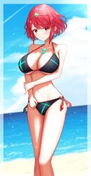 1girls bare_shoulders beach belly belly_button bikini bikini_bottom bikini_top black_bikini black_bikini_bottom black_bikini_top black_swimsuit blush breasts cleavage female female_focus female_only gem headwear large_breasts legs looking_at_viewer midriff navel pyra red_eyes red_hair short_hair smile smiling smiling_at_viewer solo solo_female solo_focus standing stomach swimsuit swimwear taro_(peach_taro51) thighs tiara water xenoblade_(series) xenoblade_chronicles_2