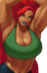 1girls abs armpits big_breasts blue_lipstick breasts breath_of_the_wild dark-skinned_female female gerudo green_clothing green_eyes muscular_female red_hair solo solo_female solo_focus sotcho tank_top the_legend_of_zelda urbosa