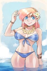 1girls bikini bikini_bottom bikini_top blue_bikini blue_eyes brellom female flower_in_hair freckles headband highres hylian lei link link_(shounen_captain) long_hair medium_breasts nintendo pink_hair rule_63 solo standing_in_water tagme the_legend_of_zelda