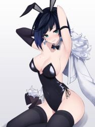 armpits arms_behind_head arms_up beauty_mark beauty_mark_on_breasts belly_button_visible_through_clothing big_breasts blue_striped_hair breasts bunny_ears bunny_girl bunnygirl bunnysuit coat_on_shoulders coat_removed feintheart721 genshin_impact large_breasts milf sunny721 thick thick_thighs thigh_highs thighhighs thighs yelan_(genshin_impact)