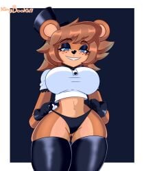 anthro big_breasts blue_eyes bowtie breasts brown_body brown_fur buttoned_shirt cally3d clazzey cryptiacurves eyelashes fazclaire's_nightclub female female_only five_nights_at_freddy's fnaf freckles freddy_(fnaf) fredina's_nightclub fredina_(cally3d) frenni_(cryptia) frenni_fazclaire gloves kingdookie large_ass looking_at_viewer scottgames thick_thighs thighhighs thong thong_pull top_hat ursid ursid_humanoid ursine_humanoid wide_hips