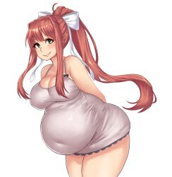 1girls bbw belly big_belly big_breasts breasts chubby doki_doki_literature_club dress fat female female_only green_eyes huge_belly kipteitei light-skinned_female light_skin long_hair monika_(doki_doki_literature_club) overweight solo solo_female tight_clothing weight_gain white_background white_dress