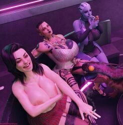 1boy 3d 3d_(artwork) 3girls alien alien_girl asari big_breasts black_hair blue_eyes blue_skin body_tattoo bottomless brown_hair busty canine cigarette cleavage covered_nipples exposed_breasts exposed_pussy huge_breasts jack_(mass_effect) large_breasts liara_t'soni lingerie makeup mass_effect miranda_lawson pale-skinned_female pale_skin pussy revealing_clothes sekaithereturn short_skirt sitting skimpy skimpy_clothes skimpy_dress skirt smile smiling smoking tattoo tattoos thick_ass thick_hips thick_thighs varren voluptuous wide_hips zoophilia