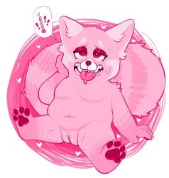 <3_eyes ailurid anthro bodily_fluids chubby_belly chubby_female coffeetoffee disney female fur furry genital_fluids genitals heart heat_(disambiguation) mammal mei_lee pawpads pixar plump_labia pussy pussy_juice red_panda solo sweat teeth_showing tongue tongue_out turning_red white_background young