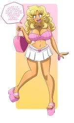 bimbo bimbofication blonde_hair brainwashing breast_expansion breasts caelia cleavage dark-skinned_female dark_skin hi_res kobi-tfs large_breasts looking_at_viewer pink_eyes platform_footwear smiling_at_viewer wide_hips