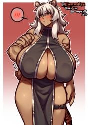 1girls big_breasts blush breasts cleavage clothing coffeelove68 dark_skin dress gigantic_breasts hand_on_hip huge_breasts muscular muscular_female nipple_bulge solo tagme thick_thighs tiger_ears tiger_girl tiger_print tiger_stripes white_hair