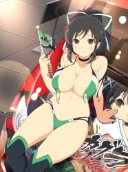 1girls asuka_(senran_kagura) bikini black_hair boots breasts brown_eyes car choker flag green_bikini green_swimsuit hair_ribbon holding_flag knee_boots large_breasts looking_at_viewer motor_vehicle navel ponytail race_queen senran_kagura sitting_on_car swimsuit thong_bikini thong_swimsuit torn_clothes torn_topwear white_ribbon yaegashi_nan