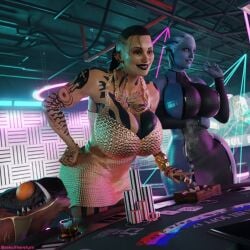 2girls 3d 3d_(artwork) alien alien_girl asari big_breasts busty canine child_bearing_hips cigarette cleavage curvaceous curvy gambling hourglass_figure huge_breasts jack_(mass_effect) large_breasts liara_t'soni mass_effect sekaithereturn skimpy skimpy_clothes skimpy_dress smile smiling smoking thick_ass thick_hips thick_thighs tight_clothing varren voluptuous wide_hips zoophilia