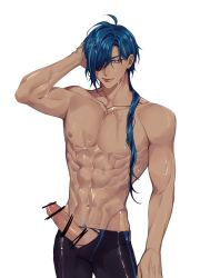 1boy abs absurdres bar_censor blue_eyes blue_hair censored dark-skinned_male dark_blue_hair dark_skin eyepatch genshin_impact highres kaeya_(genshin_impact) male_focus male_only male_solo male_swimwear muscular muscular_male nipples penis rourouki smile swim_trunks swimsuit testicles white_background