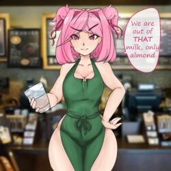 1girls apron apron_only cleavage doki_doki_literature_club english_text female female_only iced_latte_with_breast_milk ioworshipper meme natsuki_(doki_doki_literature_club) pink_eyes pink_hair pink_text solo text text_bubble thick_thighs thighs