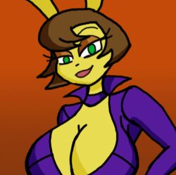 1girls 5_fingers animated anthro bouncing_breasts brown_hair bunny bunny_girl caramel_(iamsum) cute dead_source female green_eyes iamsum jumpsuit lipstick massive_breasts orange_eyeshadow original_character pink_lipstick purple_jumpsuit purple_tracksuit tagme tracksuit wink winking winking_at_viewer yellow_fur