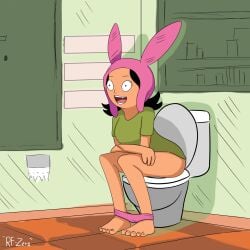 1girls anonymous_artist ass barefoot black_eyes black_hair green_shirt louise_belcher open_mouth panties panties_down pink_panties toilet toilet_paper toilet_use