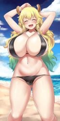 1girls beach big_breasts bikini dragon_girl horns huge_breasts humanoid light-skinned_female light_skin maki_ikazuya micro_bikini miss_kobayashi's_dragon_maid quetzalcoatl_(dragon_maid) thick_thighs voluptuous