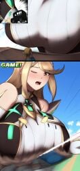 1boy 1girls big_breasts breasts charlydibulol clothing female female_focus giantess huge_breasts light-skinned_female light-skinned_male light_skin link macro male mythra size_difference the_legend_of_zelda xenoblade_(series) xenoblade_chronicles_2