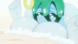 1boy 1boy1girl 1girls 2015 animated animated_gif anime_screencap bathroom blue_body breast_press breasts female green_eyes green_hair hair_between_eyes large_breasts male monster_girl monster_musume_no_iru_nichijou naked screencap screenshot slime_girl soap_bubbles sparkling_eyes suu_(monster_musume) tagme washing