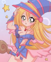 blonde_hair blush chelly_(chellyko) dark_magician_girl female green_eyes solo stars yu-gi-oh!