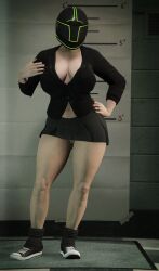 3d cleavage collarbone edit female_only femsub grand_theft_auto grand_theft_auto_online gta_online_female_character gym_shoes hand_on_hip helmet huge_breasts masked_female miniskirt navel no_panties peteypelly posing skirt solo thick_thighs upskirt