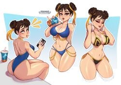 1girl ass belly_button beverage big_ass big_breasts big_butt bikini bikini_bottom bikini_top blue_bikini breasts brown_eyes brown_hair capcom cellphone chun-li closed_eyes drinking drinking_straw earrings female female_only gold_chain gold_jewelry hairbuns huge_breasts looking_at_viewer magaska19 smartphone stomach street_fighter street_fighter_alpha string_bikini string_panties surprised surprised_expression sweat swimsuit thick_thighs towel_around_neck wide_hips