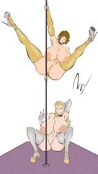 ap0liac big_breasts blonde_female choker gold haha_musume_donburi_oppai_tokumori_bonyuu_shiru_dakude high_heels kyonyuu_princess_saimin large_breasts milf pierced_nipples pole pole_dancing prostitution sakie_(haha_musume_donburi) silver stripper_pole tamanna_crusch thighhighs