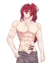 1boy abs bar_censor bishonen censored diluc_(genshin_impact) genshin_impact hair_between_eyes highres long_hair male_focus male_only male_solo muscular muscular_male nipples penis ponytail red_eyes red_hair rourouki scar scar_on_arm scar_on_chest scar_on_stomach smile testicles towel towel_around_waist