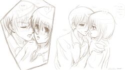 2boys almost_kissing english_text face-to-face finger_on_lip fruits_basket fully_clothed grab grabbing imminent_kiss inviting kyo_sohma male male_only non-nude panting white_background yaoi yuki_sohma