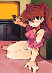 asuka_langley_sohryu blush breasts characterful clothing exposed_shoulders medium_breasts neon_genesis_evangelion no_pants panties pantless shoulders thick thick_thighs thighs tsundere wamudraws