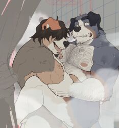 anthro bathroom canid canine canis caught domestic_dog duo embrace hi_res male male/male mammal mark_(whireds) muscular muscular_anthro muscular_male nipples nude pecs sex tongue tongue_out whireds