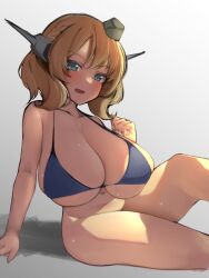 bikini blonde_hair blue_bikini blue_eyes bottomless braid breasts cleavage collarbone colorado_(kantai_collection) convenient_leg female french_braid headgear highres huge_breasts kantai_collection looking_at_viewer navel open_mouth short_hair shortstack simple_background sitting solo swimsuit white_background yuki_to_hana