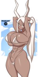 1girls abs animal_ears armpits arms_behind_head arms_up artist_name bikini bunny_ears clothing cloud curvy dark-skinned_female dark_skin eyelashes female female_focus female_only g-string gloves hips human micro_bikini miruko muscular muscular_female my_hero_academia onaeane pinup ponytail red_eyes revealing_clothes rumi_usagiyama shiny_skin signature simple_background skimpy solo solo_female swimsuit thick_thighs thighs thong tied_hair voluptuous white_background white_hair wide_hips