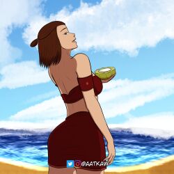 1girls aatkaw alcohol arched_back artist_name ass avatar_legends avatar_the_last_airbender back back_view backboob beach bracelet breasts cactus_juice earth_kingdom female fire_nation_clothing green_eyes looking_at_viewer medium_breasts open_mouth short_hair smile smiling solo solo_female suki summer sun swimsuit