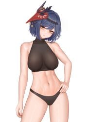 1girls 2d bangs bare_arms bare_shoulders black_panties blue_hair blush breasts female female_only genshin_impact hand_on_hip head_tilt highres kujou_sara large_breasts light-skinned_female light_skin looking_at_viewer mask mask_on_head midriff navel pale-skinned_female pale_skin panties short_hair simple_background solid_color_background solo thighs underwear wei_xiao white_background yellow_eyes