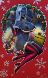 areolae big_breasts blue_skin breasts busty christmas christmas_outfit cleavage female female_focus female_only hourglass_figure nipples pinup pinup_pose sitting tagme thyra tiddybandito warcraft white_background wide_hips world_of_warcraft zepht7