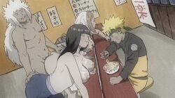 2boys 2girls age_difference ass_grab ayame_(naruto) bandana bent_over_counter big_breasts blonde_hair breasts brown_hair cuckold cum cum_on_breasts dark_blue_hair female hyuuga_hinata jiraiya male multiple_boys multiple_girls naked_apron naruto naruto_shippuden netorare nude_male old_man older_man_and_teenage_girl older_penetrating_younger ramen restaurant standing_doggy_style standing_sex taken_from_behind temon topless uzumaki_naruto waitress